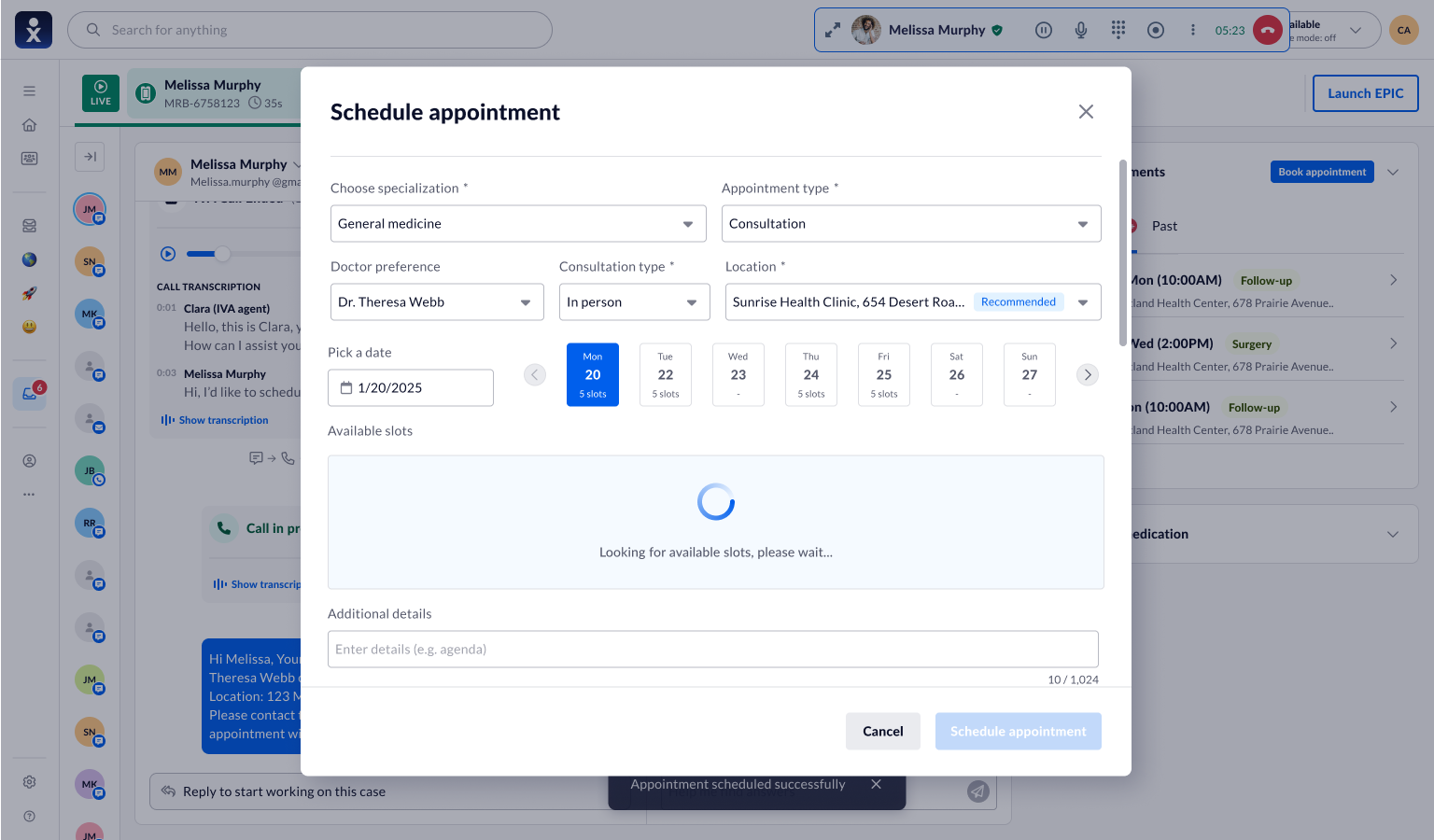 Schedule appointment modal re-querying availability after the patient asks for a different week
